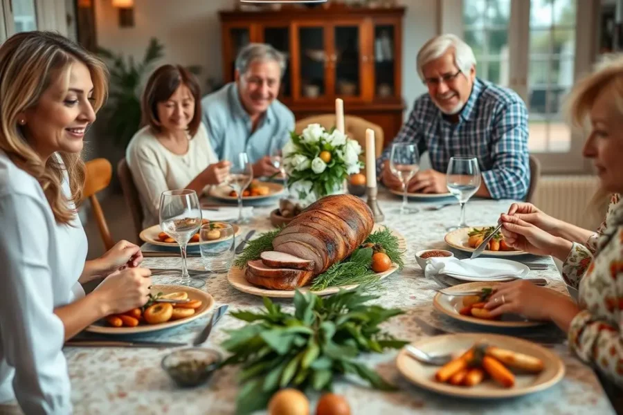 Família reunida em volta de uma mesa com filé mignon suíno como destaque.