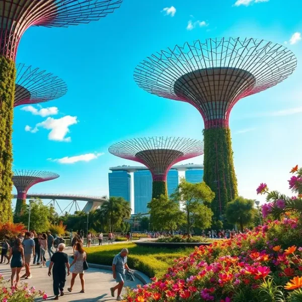 Vista geral de Gardens by the Bay em Singapura, com flores e Supertrees