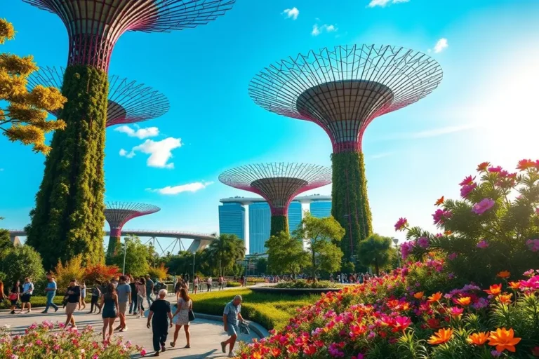 Vista geral de Gardens by the Bay em Singapura, com flores e Supertrees