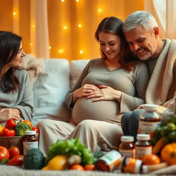 Uma gestante rodeada de amor e apoio familiar, enfatizando a saúde na gravidez.