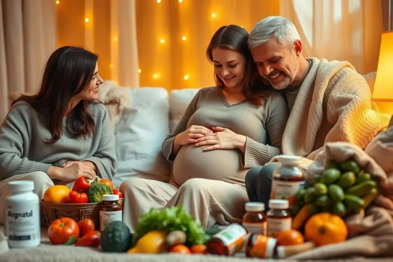 Uma gestante rodeada de amor e apoio familiar, enfatizando a saúde na gravidez.