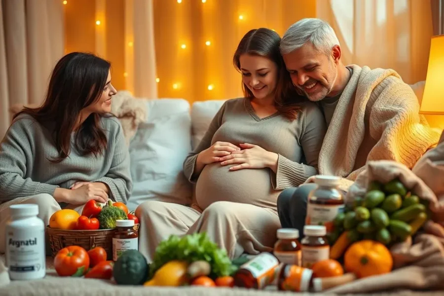 Uma gestante rodeada de amor e apoio familiar, enfatizando a saúde na gravidez.