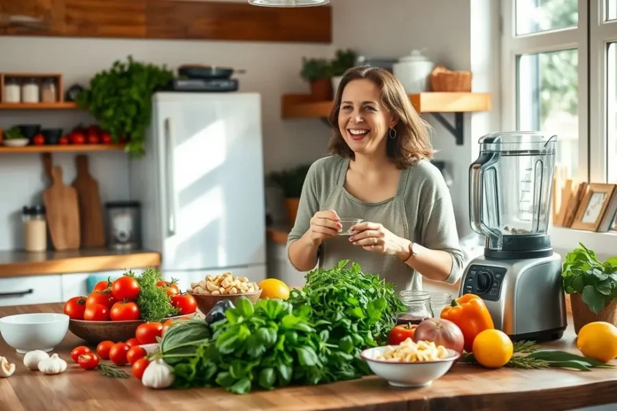 Mulher cozinhando com requeijão de caju em uma cozinha confortável.