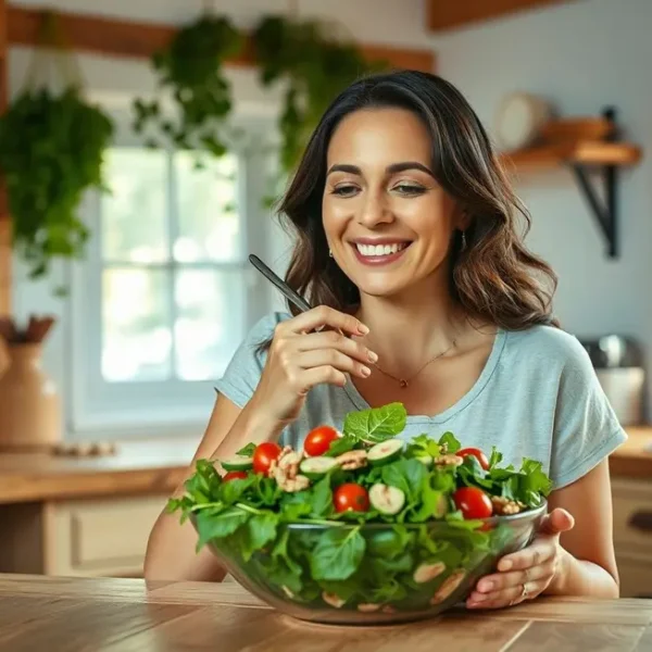 Uma mulher desfrutando de uma salada colorida em um ambiente acolhedor.