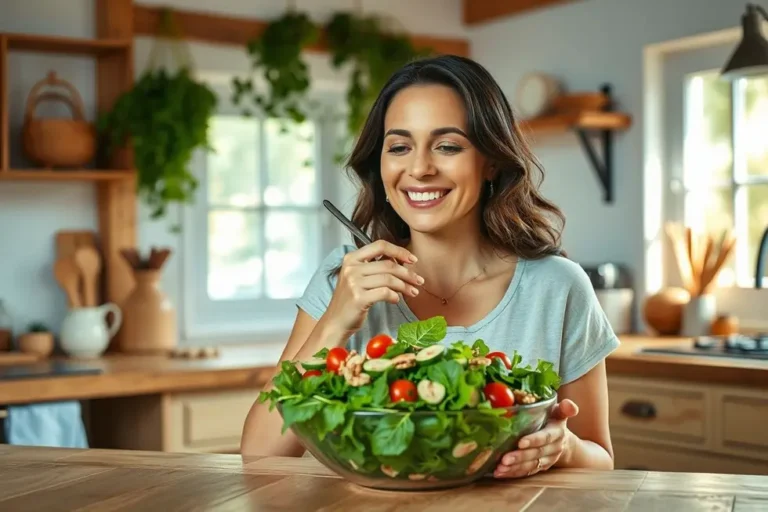 Uma mulher desfrutando de uma salada colorida em um ambiente acolhedor.
