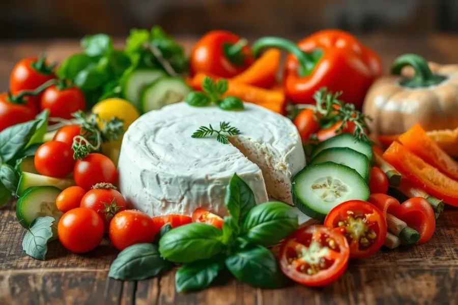 Requeijão de caju com vegetais frescos, representando uma alimentação saudável.