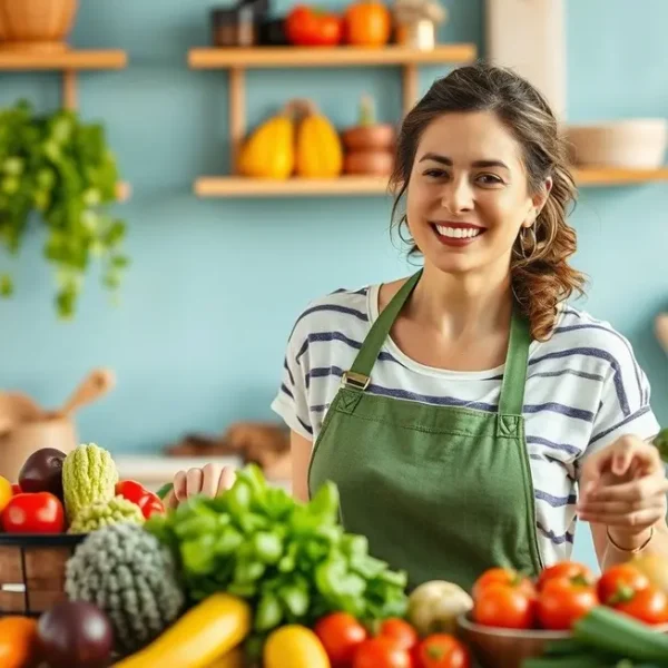Mulher feliz preparando refeições saudáveis com frutas e vegetais.