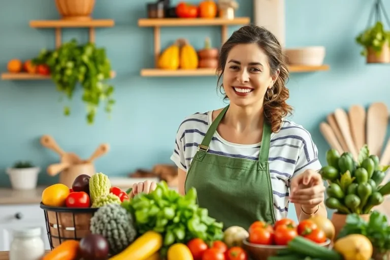 Mulher feliz preparando refeições saudáveis com frutas e vegetais.