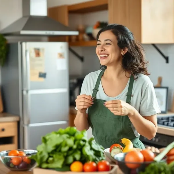 Mulher feliz preparando uma refeição nutritiva na cozinha.