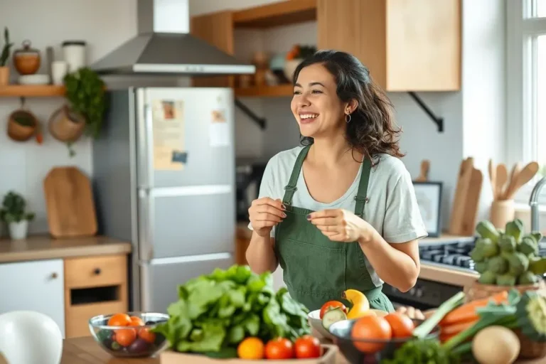 Mulher feliz preparando uma refeição nutritiva na cozinha.