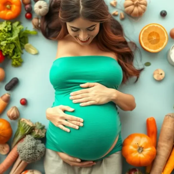 Mulher grávida sorridente cercada por frutas e vegetais, simbolizando uma gestação saudável.