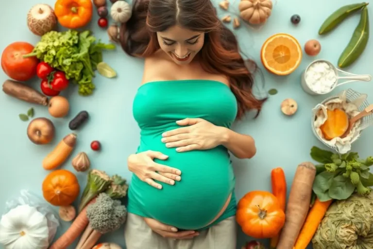 Mulher grávida sorridente cercada por frutas e vegetais, simbolizando uma gestação saudável.