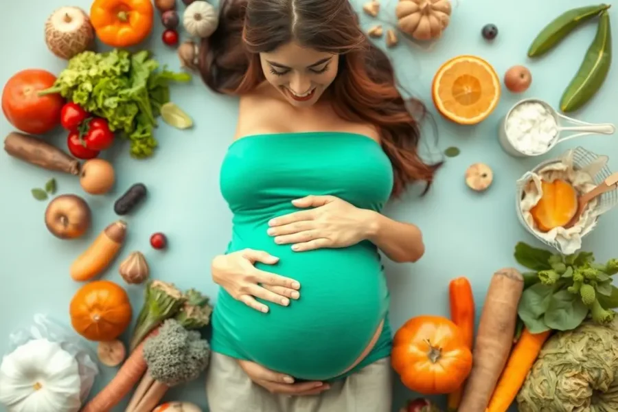 Mulher grávida sorridente cercada por frutas e vegetais, simbolizando uma gestação saudável.