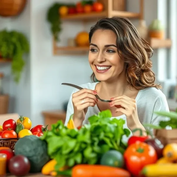 Mulher desfrutando de uma refeição saudável, refletindo um estilo de vida equilibrado.