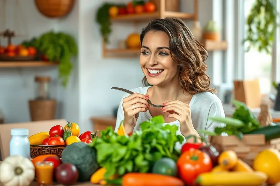 7 Sinais de Anemia que Você Não Pode Ignorar 8 Mulher desfrutando de uma refeição saudável, refletindo um estilo de vida equilibrado.