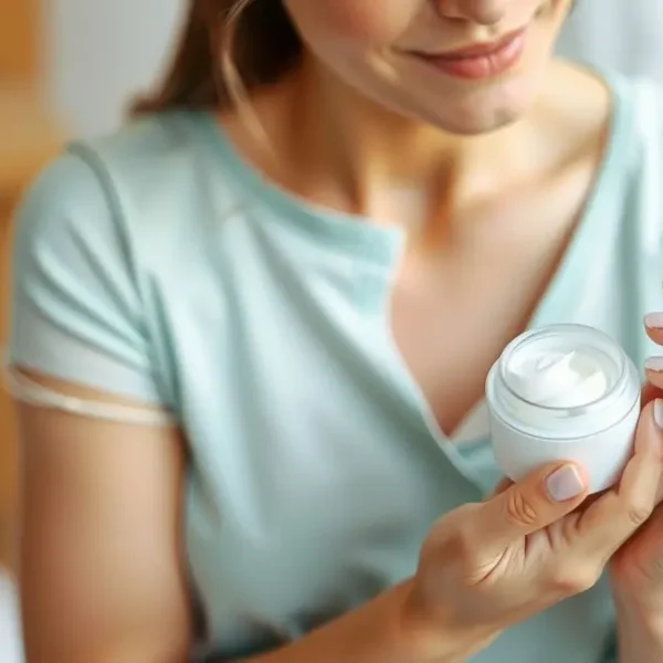 Mulher aplicando creme na pele, simbolizando cuidado e bem-estar.