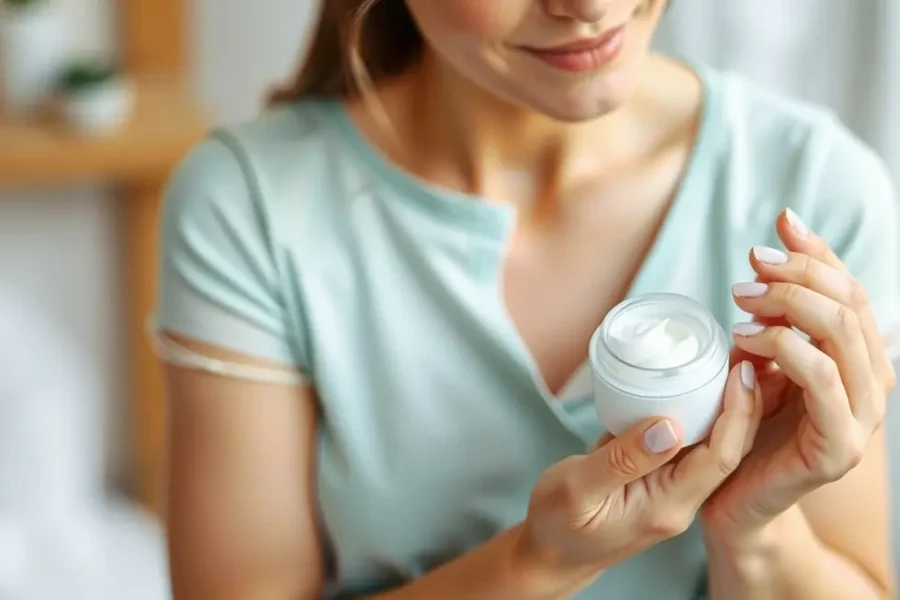 Mulher aplicando creme na pele, simbolizando cuidado e bem-estar.