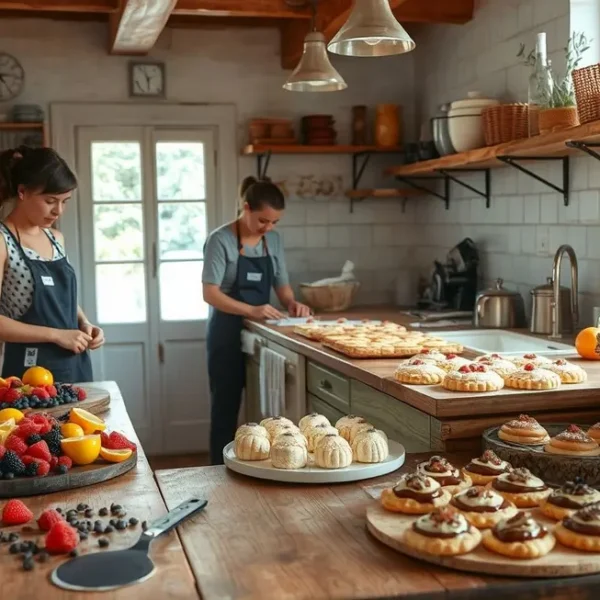 Cozinha com ingredientes e doces caseiros prontos para venda.