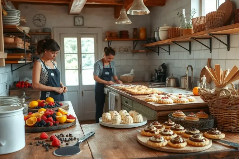 Cozinha com ingredientes e doces caseiros prontos para venda.