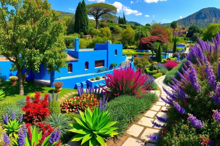 Vista panorâmica do Jardim Majorelle com plantas coloridas.