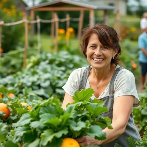 Mulher feliz em um jardim, simbolizando a agricultura familiar e as práticas sustentáveis.