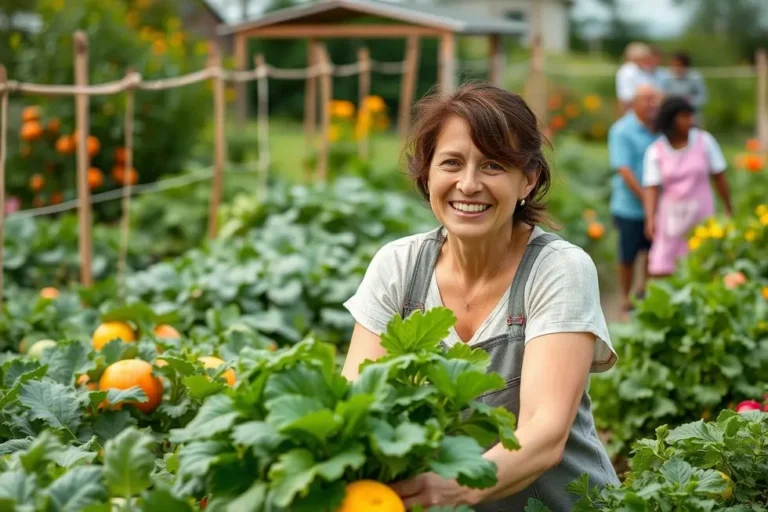 Mulher feliz em um jardim, simbolizando a agricultura familiar e as práticas sustentáveis.