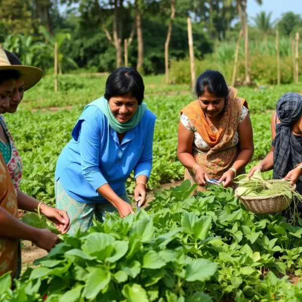Mulheres trabalhando em conjunto em um ambiente de agricultura familiar.