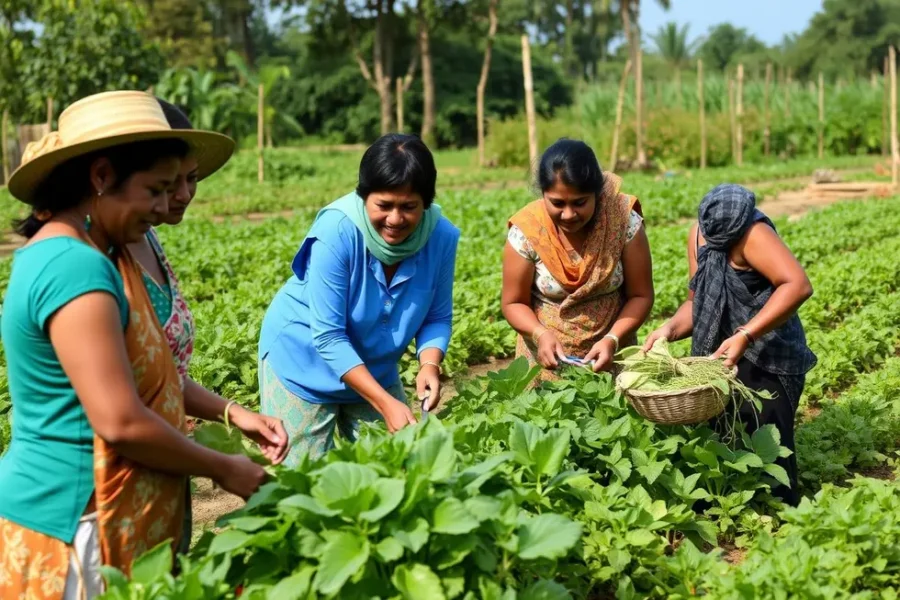 Mulheres trabalhando em conjunto em um ambiente de agricultura familiar.
