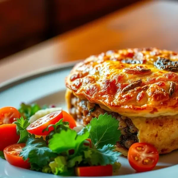 Um escondidinho bem apresentado com uma salada fresca ao lado.