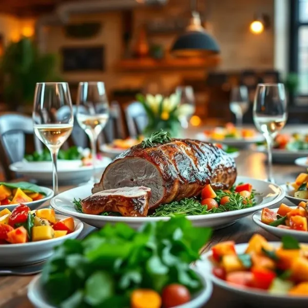 Mesa de jantar com filé mignon suíno e acompanhamentos variados