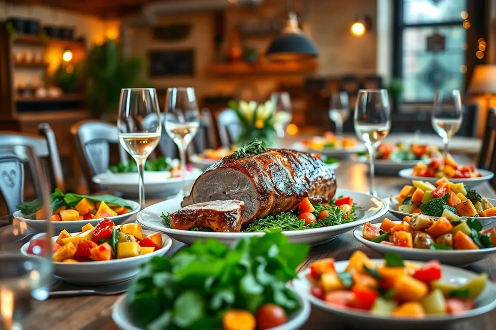 Filé Mignon Suíno: 7 Receitas Práticas e Saudáveis para Encantar sua Família 8 Mesa de jantar com filé mignon suíno e acompanhamentos variados