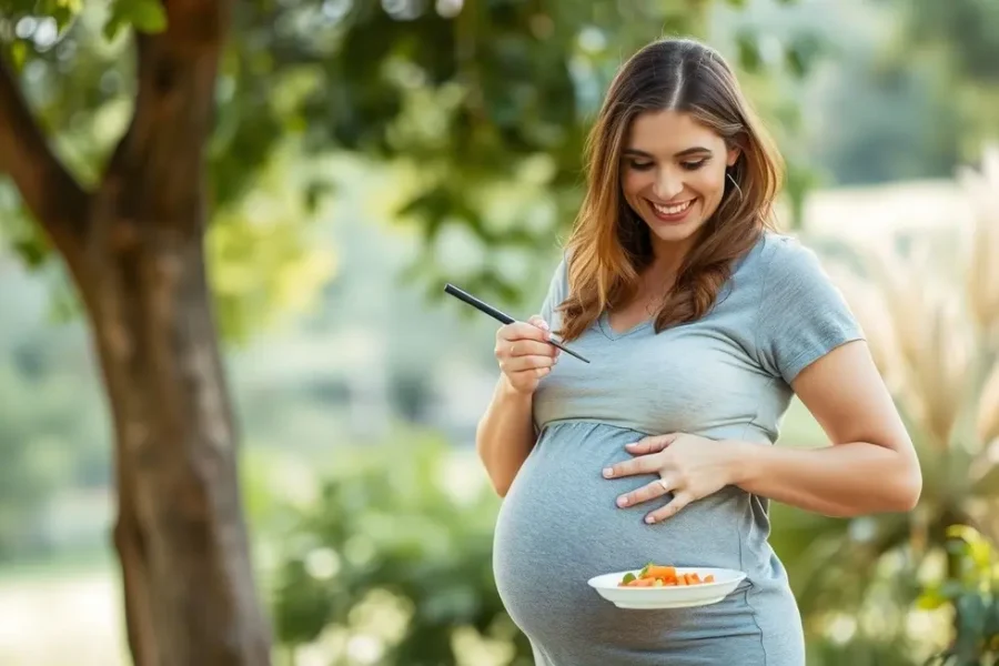 Mulher grávida feliz comendo uma refeição saudável