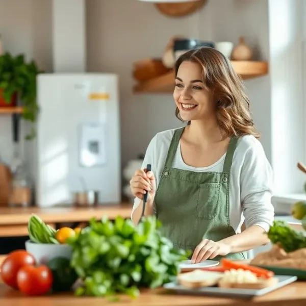 Mulher cozinhando com ingredientes frescos e alternativas sem lactose.