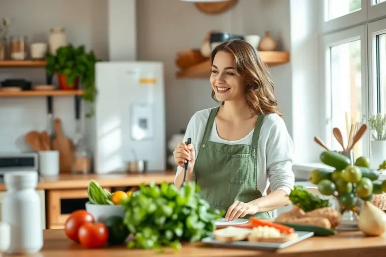 Mulher cozinhando com ingredientes frescos e alternativas sem lactose.