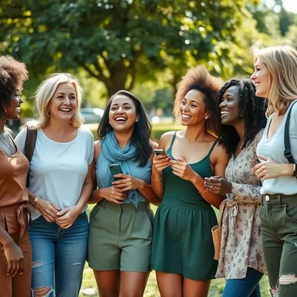 Grupo diverso de mulheres com roupas sustentáveis em um parque.