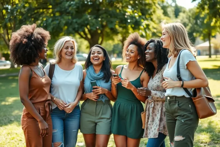Grupo diverso de mulheres com roupas sustentáveis em um parque.