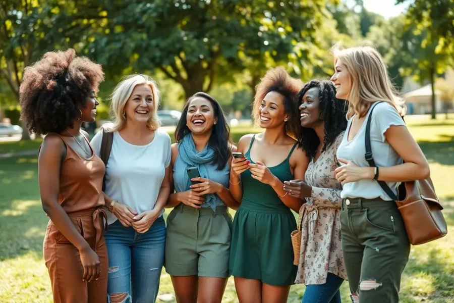 Grupo diverso de mulheres com roupas sustentáveis em um parque.