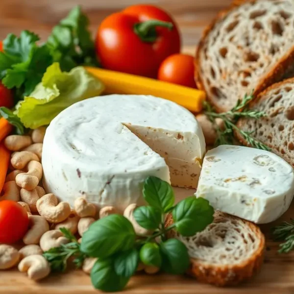 Imagem de requeijão de caju rodeado por vegetais frescos e ervas, inspirando uma alimentação saudável.