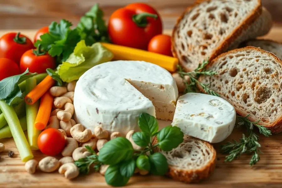 Imagem de requeijão de caju rodeado por vegetais frescos e ervas, inspirando uma alimentação saudável.