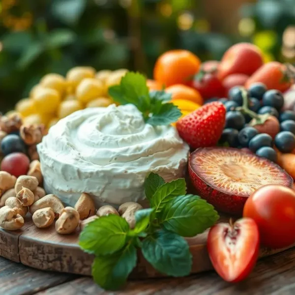 Requeijão de caju em uma mesa rústica com frutas e vegetais frescos.