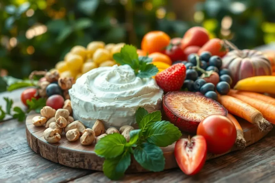 Requeijão de caju em uma mesa rústica com frutas e vegetais frescos.