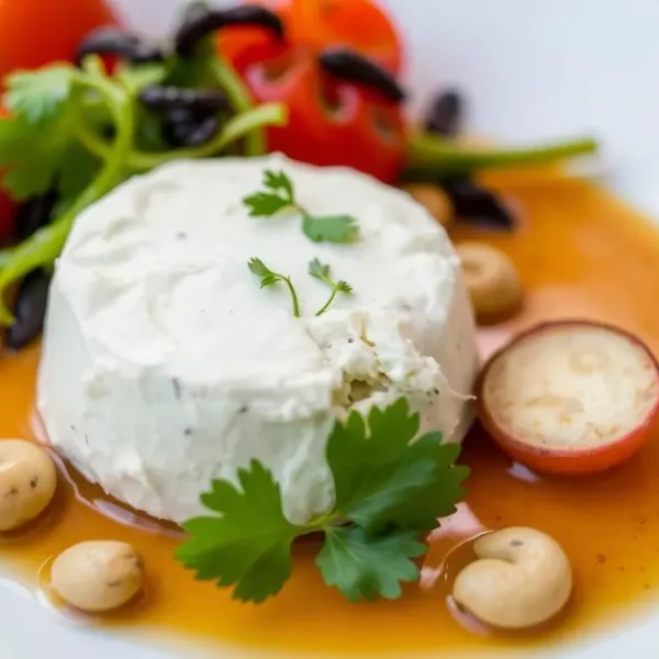 Prato saboroso com requeijão de caju e vegetais frescos.