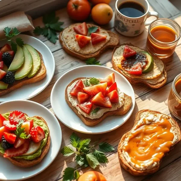 Cenário de café da manhã com diversas torradas saudáveis.