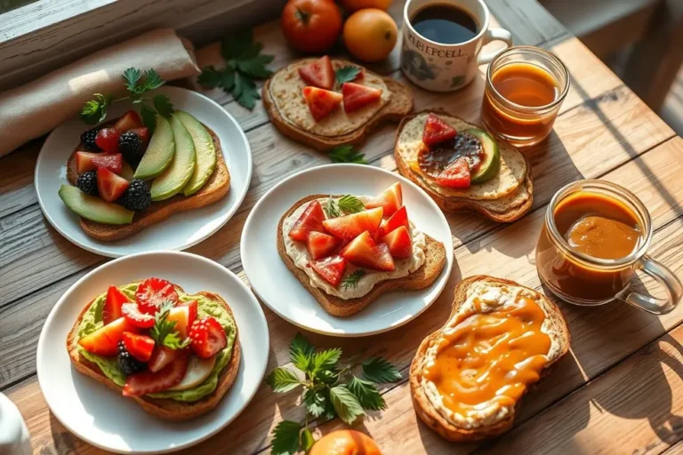 Cenário de café da manhã com diversas torradas saudáveis.