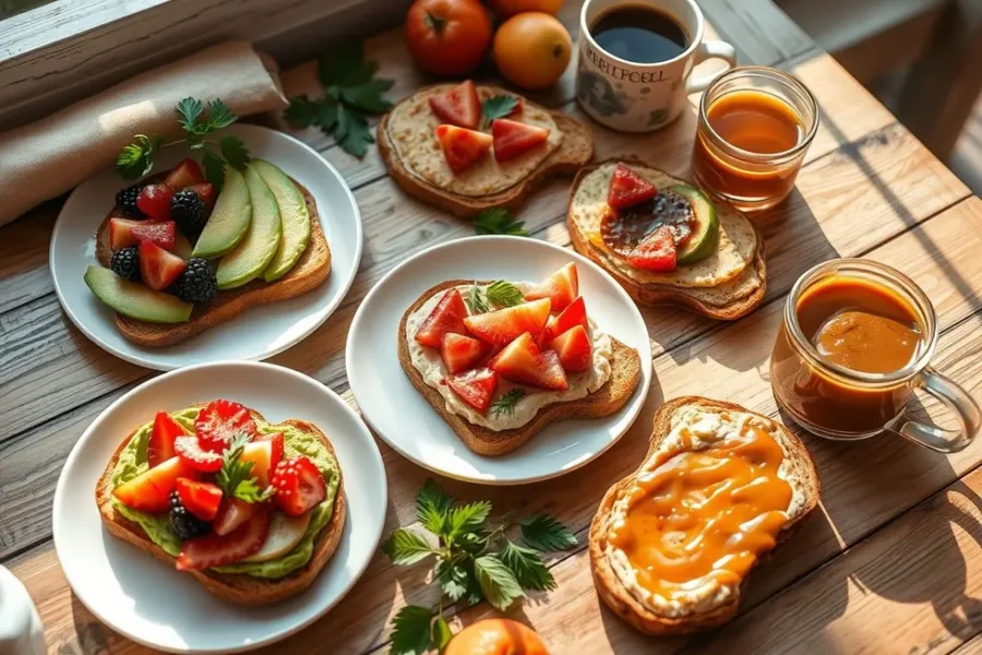 Cenário de café da manhã com diversas torradas saudáveis.