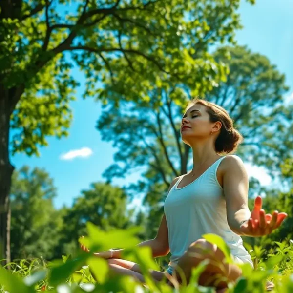 Imagem de mulher meditando em um ambiente natural, simbolizando saúde.