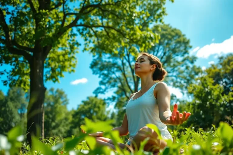 Imagem de mulher meditando em um ambiente natural, simbolizando saúde.