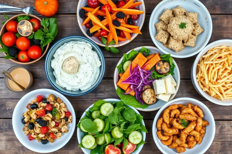 6 Receitas práticas e saudáveis com requeijão de caju 8 Diversos pratos saudáveis preparados com requeijão de caju em uma mesa rústica.