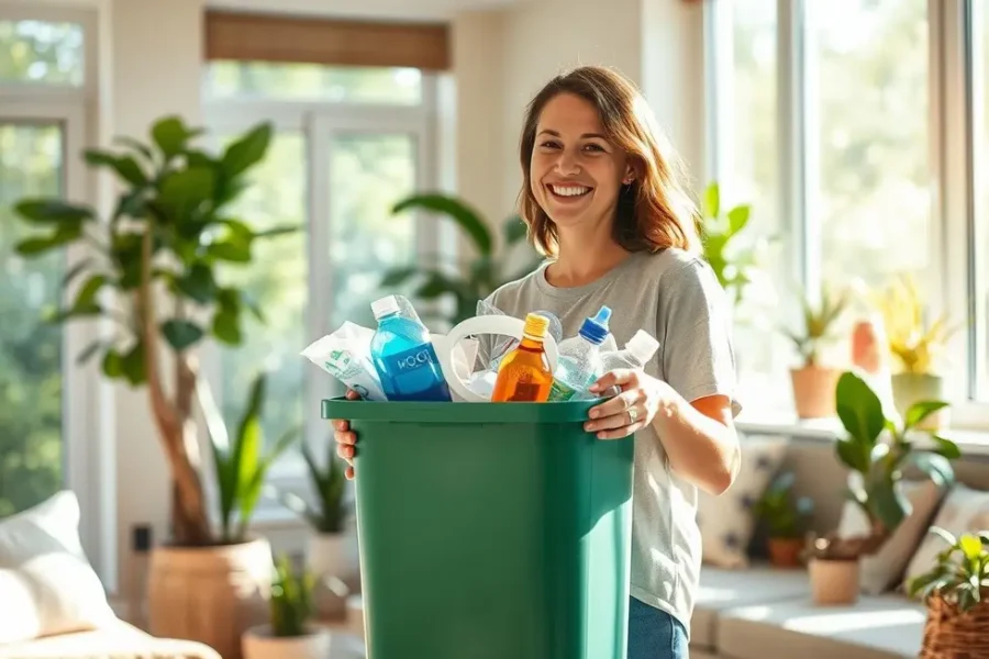 Mulher segurando um recipiente de reciclagem em sua casa