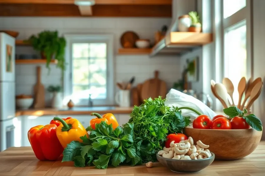 Uma cozinha aconchegante com ingredientes frescos e requeijão de caju.
